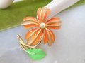 Vintage Yellow Orange Brooch Flower Enamel Pin Daisy Pearl Mod Corsage Mid Century Jewelry Gift, VivianJoel.com