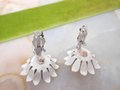 Vintage LISNER Earrings Pearl Flower Pearly White Enamel Clip On Designer Mod Jewelry Gift Mid Century, VivianJoel.com