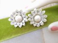 Vintage LISNER Earrings Pearl Flower Pearly White Enamel Clip On Designer Mod Jewelry Gift Mid Century, VivianJoel.com