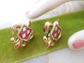Vintage Heraldic Shield Earrings Red Enamel Fleur De Lis Screw Back Regency Revival Mid Century Jewelry Gift, VivianJoel.com