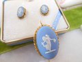 Vintage WEDGEWOOD Van Dell Cameo Pin Brooch Earrings Set Gold Fill GF Pendant Jasperware Blue Designer MCM Jewelry Gift,  VivianJoel.com
