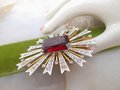 Vintage KJL KENNETH Jay LANE Brooch Starburst Pin Red Glass Pave Crystal Chunky Statement Runway Iconic IoB Jewelry Designer, VivianJoel.com