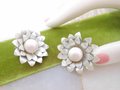 Vintage LISNER Earrings Pearl Flower Pearly White Enamel Clip On Designer Mod Jewelry Gift Mid Century, VivianJoel.com