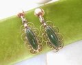 Vintage STERLING SILVER Jade Earrings Clip On Dangle Drop Ornate Filigree Gold Vermeil Mid Century Jewelry Gift, VivianJoel.com