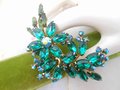 Vintage BEAU JEWELS Emerald Green Rhinestone Brooch Flower Spray Pin Aurora Borealis Crystal Mid Century, VivianJoel.com