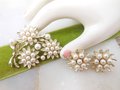 Vintage LISNER Pearl Brooch Earring SET Flower Leaf Pin Gold Tone Plate Clip On Designer Jewelry Gift Mid Century, VivianJoel.com