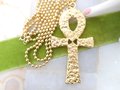 Vintage Ankh Pendant Necklace Etruscan Egyptian Revival Brutalist Gold Plate Long Chain Mid Century Jewelry Gift,  VivianJoel.com
