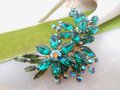 Vintage BEAU JEWELS Emerald Green Rhinestone Brooch Flower Spray Pin Aurora Borealis Crystal Mid Century, VivianJoel.com