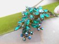 Vintage BEAU JEWELS Emerald Green Rhinestone Brooch Flower Spray Pin Aurora Borealis Crystal Mid Century, VivianJoel.com