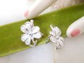 Vintage CORO Enamel Earrings Flower White Clover Clip On Wedding Bridesmaid Designer Jewelry Gift Mid Century, VivianJoel.com