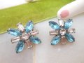 Vintage Blue Earrings Maltese Cross Clip On Rhinestone Flower Glam Regency Revival Jewelry Gift Mid Century, VivianJoel.com