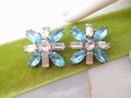 Vintage Blue Earrings Maltese Cross Clip On Rhinestone Flower Glam Regency Revival Jewelry Gift Mid Century, VivianJoel.com