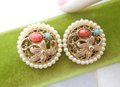 Vintage Peking Glass Earrings Clip On Victorian Revival Etruscan Pearl Turquoise Flower Mid Century Jewelry Gift, VivianJoel.com
