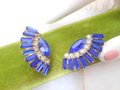 Vintage Purple Blue Baguette Earrings Rhinestone Ear Climbers Clip On Crystal Mid Century Jewelry Gift, VivianJoel.com