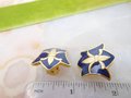 Vintage Heraldic Shield Earrings Blue Enamel Fleur De Lis Clip On Classic Mid Century Jewelry Gift, VivianJoel.com