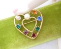 Vintage LOT 2 Rhinestone Heart Pin Faux Pearl Fruit Salad Brooch Valentine Petite Gift Jewelry Mid Century, VivianJoel.com