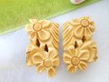 Vintage BAKELITE Dress Clip Pin Set Brooch Pair Cream Corn Yellow Butterscotch Deep Carved Old Plastic Jewelry Art Deco Gift, VivianJoel.com