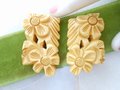 Vintage BAKELITE Dress Clip Pin Set Brooch Pair Cream Corn Yellow Butterscotch Deep Carved Old Plastic Jewelry Art Deco Gift, VivianJoel.com