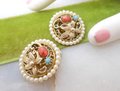 Vintage Peking Glass Earrings Clip On Victorian Revival Etruscan Pearl Turquoise Flower Mid Century Jewelry Gift, VivianJoel.com