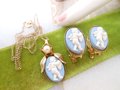 Vintage Cameo Blue Pendant Necklace Earrings Set Jasper Wedgewood Plastic Angel Gold Fill Chain Jewelry Mid Century Gift, VivianJoel.com