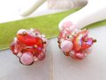 Vintage Pink Glass Earrings Cluster Clip On Aurora Borealis Bead Prom Party Glam Mid Century Jewelry Gift, VivianJoel.com