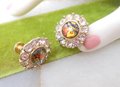 Vintage Opal Art Glass Earrings Screw Back Rhinestone Mid Century Renaissance Regency Revival Jewelry Gift, VivianJoel.com