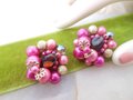 Vintage Pink Cluster Earrings Clip On Fuchsia Bead Plastic Glass Mid Century Jewelry Gift, VivianJoel.com