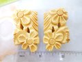 Vintage BAKELITE Dress Clip Pin Set Brooch Pair Cream Corn Yellow Butterscotch Deep Carved Old Plastic Jewelry Art Deco Gift, VivianJoel.com