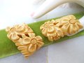 Vintage BAKELITE Dress Clip Pin Set Brooch Pair Cream Corn Yellow Butterscotch Deep Carved Old Plastic Jewelry Art Deco Gift, VivianJoel.com