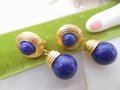 Vintage Designer Statement Earrings Clip On Dangle Drop Navy Blue Lapis Mid Century Gold Plate Jewelry, VivianJoel.com