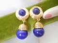 Vintage Designer Statement Earrings Clip On Dangle Drop Navy Blue Lapis Mid Century Gold Plate Jewelry, VivianJoel.com