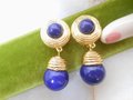 Vintage Designer Statement Earrings Clip On Dangle Drop Navy Blue Lapis Mid Century Gold Plate Jewelry, VivianJoel.com