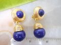 Vintage Designer Statement Earrings Clip On Dangle Drop Navy Blue Lapis Mid Century Gold Plate Jewelry, VivianJoel.com