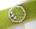 Vintage STERLING SILVER Brooch Crystal Pin Ice Rhinestone Wreath Petite Flower Circle Wedding Mid Century Jewelry Gift, VivianJoel.com