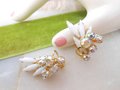 Vintage JULIANA Earrings White Milk Glass Flower AB Rhinestone Ear Climber Clip On Wedding Mid Century Jewelry, VivianJoel.com