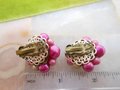 Vintage Pink Cluster Earrings Clip On Fuchsia Bead Plastic Glass Mid Century Jewelry Gift, VivianJoel.com