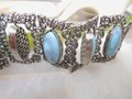 Vintage Bracelet Ornate Faux Blue Turquoise Wide Link Chunky Two Side Flip Link Selro Style Statement Jewelry Mid Century, VivianJoel.com