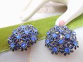 Vintage Flower Earrings Blue Rhinestone Clip On Enamel Jumbo Cluster Jewelry Gift Mid Century, VivianJoel.com
