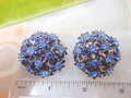 Vintage Flower Earrings Blue Rhinestone Clip On Enamel Jumbo Cluster Jewelry Gift Mid Century, VivianJoel.com