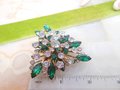 Vintage Emerald Green Brooch Rhinestone Pin Starburst Explosion Triangle Shield Jewelry Mid Century Gift, VivianJoel.com