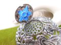 Vintage Perfume Brooch Vinaigrette Pomander Locket Pin Pendant Blue Flower Ornate Jewelry Mid Century, VivianJoel.com