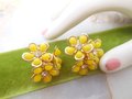 Vintage Mod Yellow Earrings Flower Cluster Plastic Petals Rhinestone Screw Back Mid Century Jewelry Gift, VivianJoel.com