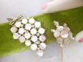 Vintage Mother of Pearl Rhinestone Flower Turtle Pin Brooch LOT 2 AMERIQUE Mid Century Jewelry Gift, VivianJoel.com