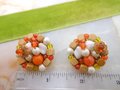 Vintage Orange Earrings Cluster Bead Clip On Glass Faux Pearl White Milk Glass Jewelry Gift Mid Century, VivianJoel.com
