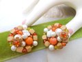 Vintage Orange Earrings Cluster Bead Clip On Glass Faux Pearl White Milk Glass Jewelry Gift Mid Century, VivianJoel.com