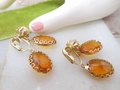 Vintage CORO Earrings Dangle Drop Clip On Honey Topaz Glass Designer Mid Century Designer Jewelry Gift, VivianJoel.com