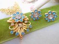 Vintage Blue Rhinestone Necklace Earrings SET Crystal Flower Pendant Mid Century Jewelry Gift, VivianJoel.com