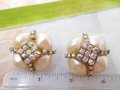 Vintage HOBE Designer Earrings Chunky Clip On Big Faux Pearl Aurora Borealis Rhinestone Mid Century Jewelry, VivianJoel.com