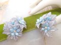 Vintage Jumbo Trembler Earrings Flower Clip On Blue Plastic Rhinestone Cluster Celluloid Jewelry Gift, VivianJoel.com