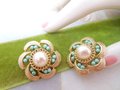 Vintage PAT PEND Pearl Earrings Aqua Bead Clip On Gold Plate Chunky Flower Pinwheel Jewelry Gift Mid Century, VivianJoel.com